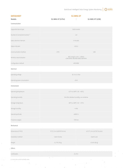 A technical datasheet page for the solis Monitoring S1 WHG-ST model, showing a table of specifications on a light gray background with orange and black text.