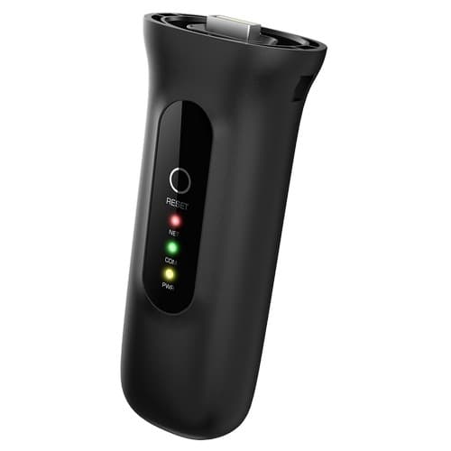 Black handheld device with LED indicators on a white background