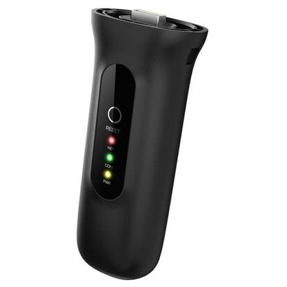 Black handheld device with LED indicators on a white background