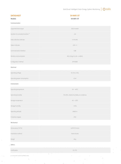A technical datasheet table for the SoCoCloud Intelligent Solar Energy System Monitoring device, model S4 WiFi ST, showing specifications such as communication, electrical, environmental, and mechanical details on a white background.