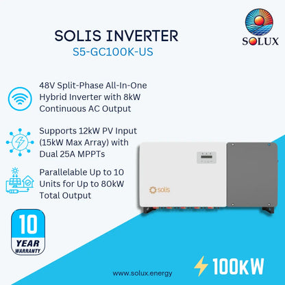 SOLIS Inverter S5-GC100K-US product graphic on a light blue and white background, showing the inverter unit on the right and feature callouts on the left, including 48V split-phase all-in-one hybrid inverter, 8kW continuous AC output, 12kW PV input support, and 10-year warranty badge.