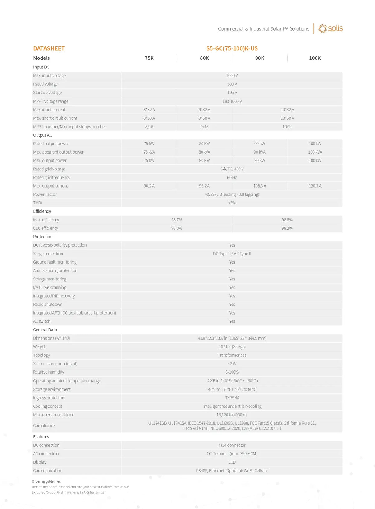 A technical datasheet table for the Sola 55-60-675-1000kW UPS system, showing specifications, ratings, protection, and environmental data in a clean, grid-based layout.