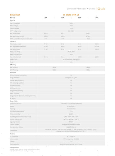 A technical datasheet table for the Sola 55-60-675-1000kW UPS system, showing specifications, ratings, protection, and environmental data in a clean, grid-based layout.