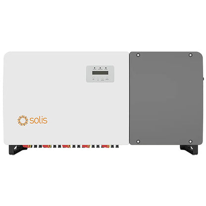 A Solis solar power inverter system shown from the front, featuring a white left half with an orange logo and a gray right half, supported by black feet against a plain white background.