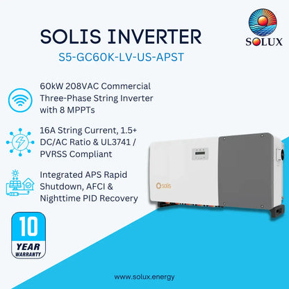 SOLIS Inverter S5-GC60K-LV-US-APST product graphic on a white and blue background, showing the inverter unit and feature callouts including 60kW, three-phase string inverter, 16A string current, PVRSS compliance, and a 10-year warranty. SOLUX logo is visible.