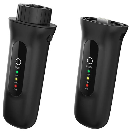 Two black handheld devices with digital displays on a white background