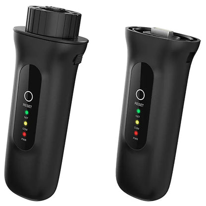 Two black handheld devices with digital displays on a white background