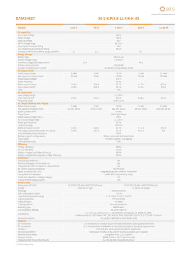 A datasheet table for the Solis S6-EHPF3-8-11.4K-H-US electronic component, showing technical specifications, performance metrics, and application notes in a clean, multi-column layout.