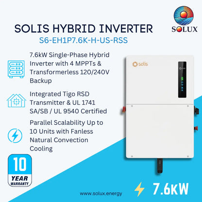 This is the promotional graphic of the Solis hybrid inverter 7.6kw with tigo transmitter, 10 year warranty