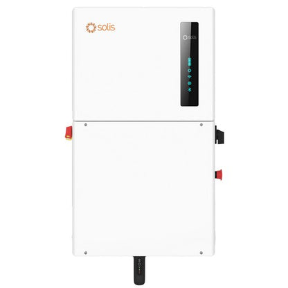 A white Solis solar thermal wall-mounted unit with a vertical black control panel on the upper section, featuring red and black connectors on the sides and a black outlet at the bottom.