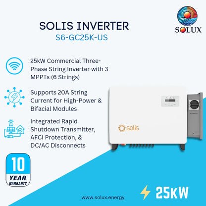 Promotional graphic for a Solis Inverter S6-GC25K-US, showing the white and gray inverter unit on a light background with blue accents, alongside feature icons and text including 25kW, 10-year warranty, and Solux branding.