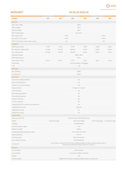 A technical datasheet table for the Solis S6-OCJ25-60K-US power supply, showing specifications, ratings, and performance metrics in a clean grid format.