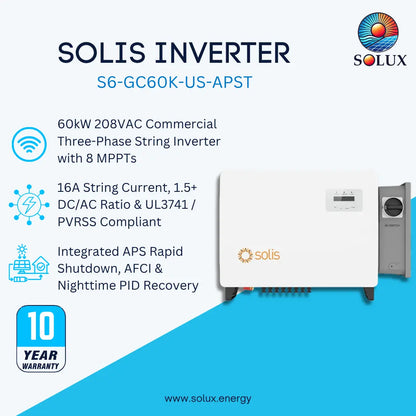 SOLIS Inverter S6-GC60K-US-APST commercial three-phase string inverter by Solux, shown as a white rectangular unit with a gray side component on a blue and white promotional graphic with feature callouts and a 10-year warranty badge.