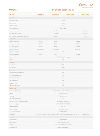 A technical datasheet table for SOLIS S6-GU250-350K-ENV-45 radios, showing model specifications, input/output parameters, and performance metrics in a clean, structured format.