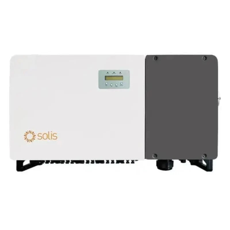 A Solis solar power inverter system with a white front panel, a small digital display, and a dark gray side panel, shown against a plain white background.