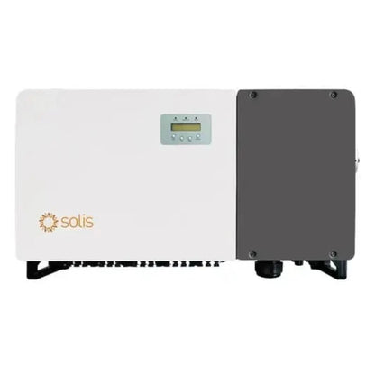 A Solis solar power inverter system with a white front panel, a small digital display, and a dark gray side panel, shown against a plain white background.