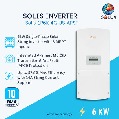 A white Solis inverter unit shown on a light blue and white promotional graphic with text describing features such as 6kW single-phase solar string inverter, MPPT inputs, APSmart MRMSD protection, and a 10-year warranty. The Solux logo is visible in the top right.