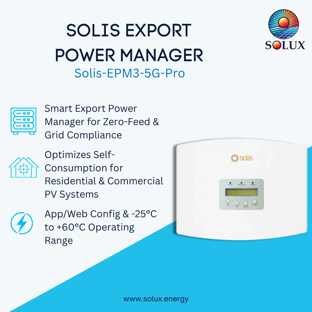 Promotional graphic for the Solis Export Power Manager Solis-EPM3-5G-Pro by Solux, showing a white smart power manager device on a light blue and cyan background with product features listed on the left.