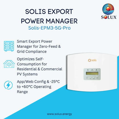 Promotional graphic for the Solis Export Power Manager Solis-EPM3-5G-Pro by Solux, showing a white smart power manager device on a light blue and cyan background with product features listed on the left.