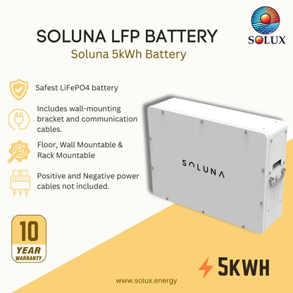 Promotional graphic for a Soluna LFP Battery 5kWh by Solux, showing a white rectangular battery unit on a cream and mustard yellow background with feature callouts and a 10-year warranty badge.