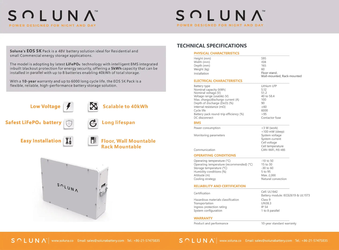 Soluna 5kWh Battery residential and small commercial energy storage system