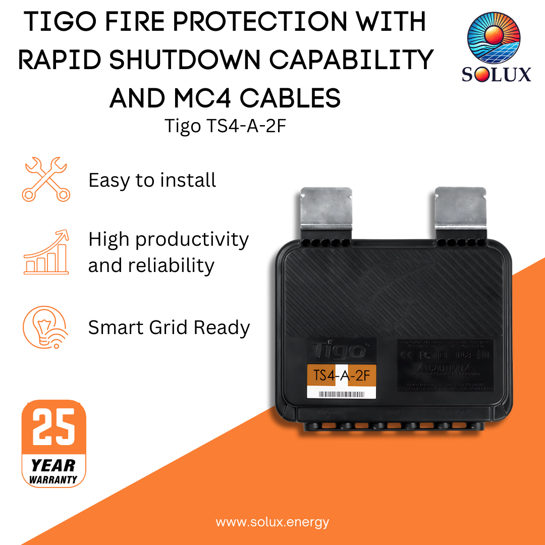 This is an image of Tigo TS4-A-2F Fire Protection with Rapid Shutdown and MC4 Cables