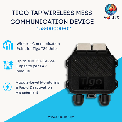 A promotional graphic for the Solux Tigo TAP Wireless Mess Communication Device, model 158-00000-02. The image features a black plastic Tigo access point device on the right, with three key feature callouts on the left: wireless communication for Tigo TS4 units, up to 300 TS4 device capacity, and module-level monitoring and rapid deactivation management.