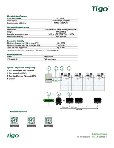 Technical specification sheet and wiring diagram for the Tigo TP-2000 series electrical module, showing electrical specs, mechanical specs, range and capacity, ordering options, and system components with numbered callouts.