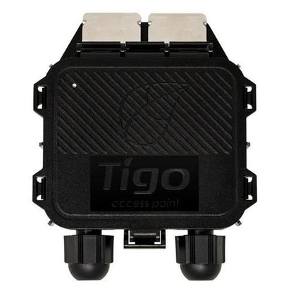 A black Tigo Access Point device with a textured front cover, two white connector plates at the top, and two black cable glands at the bottom, shown on a plain white background.