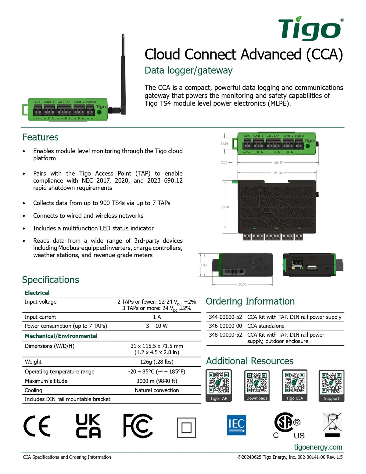 Technical datasheet for the Tigo Cloud Connect Advanced (CCA) Data logger/gateway, showing product specifications, features, dimensions, electrical specs, and compliance marks on a white background.