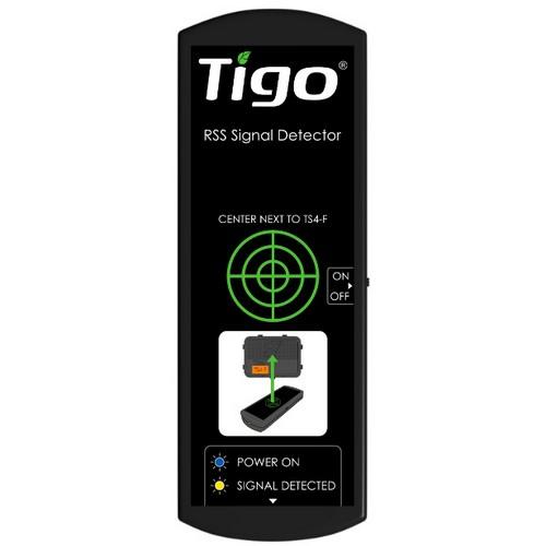 A Tigo RSS Signal Detector device in black with a front display showing green target graphics, power on status, and signal detected indicators, set against a plain white background.