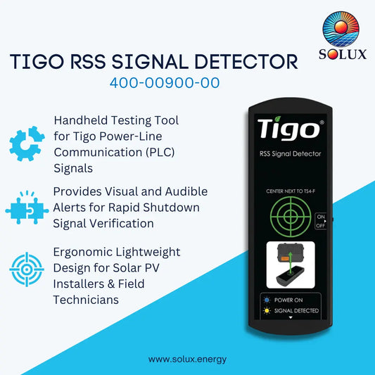 SOLUX Tigo RSS Signal Detector handheld tool shown on a light blue and cyan graphic background with product features listed on the left and the product image on the right.