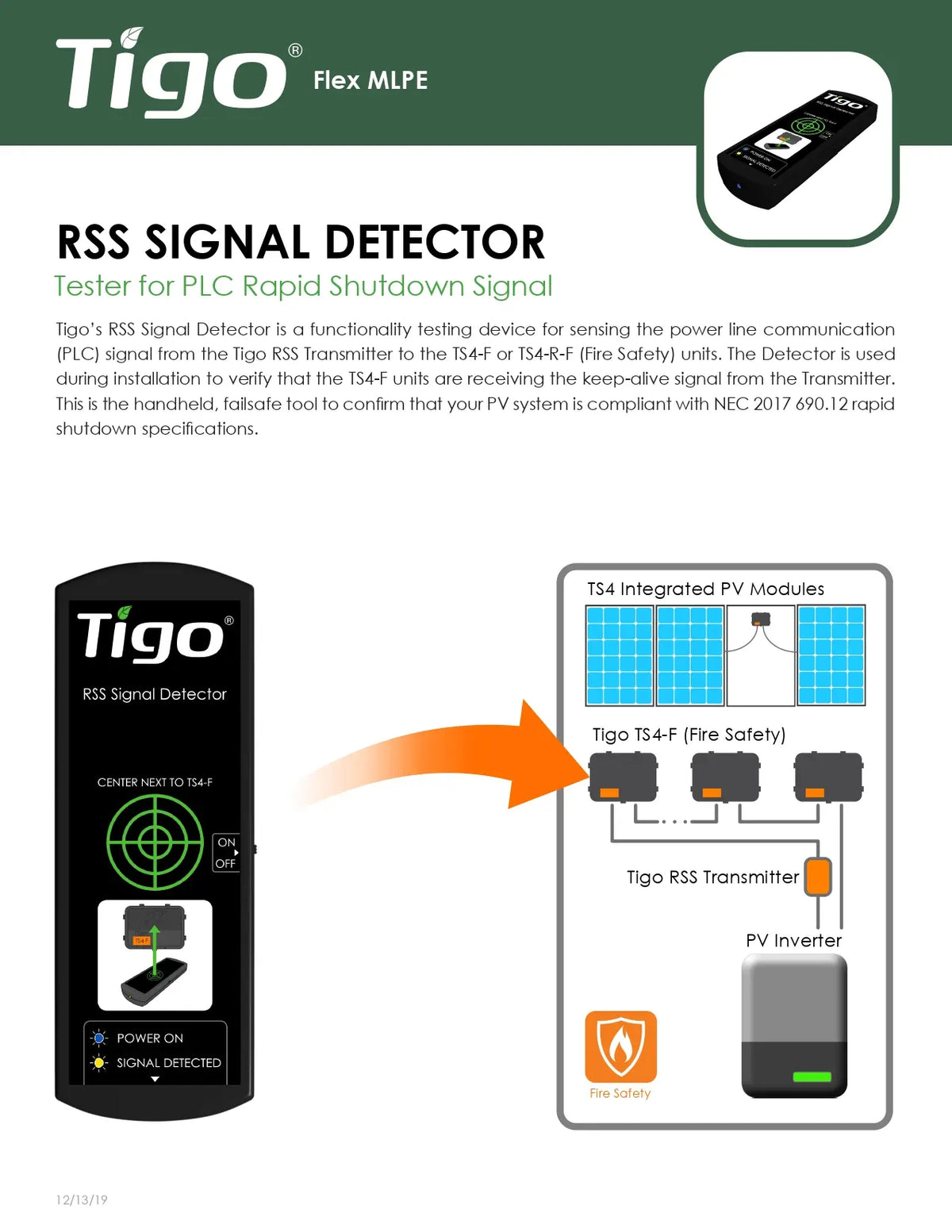Tigo RSS Signal Detector product brochure page showing the handheld device, a small inset product photo, product description text, and a system diagram with an arrow pointing from the detector to the T4 safety receiver.