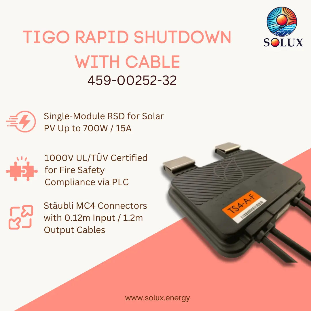 A promotional product graphic for a Solux Tigo Rapid Shutdown with Cable module. The image features a black RSD device with metal terminals and cables on the right, set against a split white and coral background with text detailing its features, including 700W/15A single-module RSD, 1000V UL/TÜV certification, and Stäubli MC4 connectors.