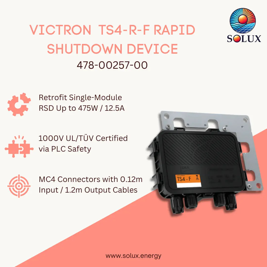 Promotional graphic for the Solux Victron TS4-R-F Rapid Shutdown Device, showing the black and silver industrial device on a white and coral background with feature callouts and the Solux logo.