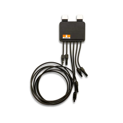 A black multi-port electrical adapter with a coiled black cable and white connector blocks, shown on a plain white background.