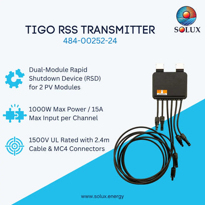TIGO RSS Transmitter by Solux, model 484-00252-24, featuring a black dual-module rapid shutdown device with attached black cables, shown on a light blue and white background with product specifications and the Solux logo.