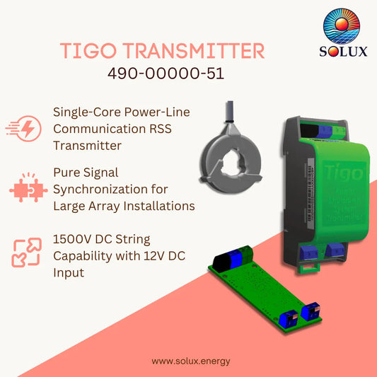 Promotional graphic for a Tigo transmitter model 490-00000-51 by Solux Energy. The image features product renderings of a single-core power-line communication RSS transmitter and a green circuit board module, accompanied by text highlighting key features like pure signal synchronization and 1500V DC string capability.