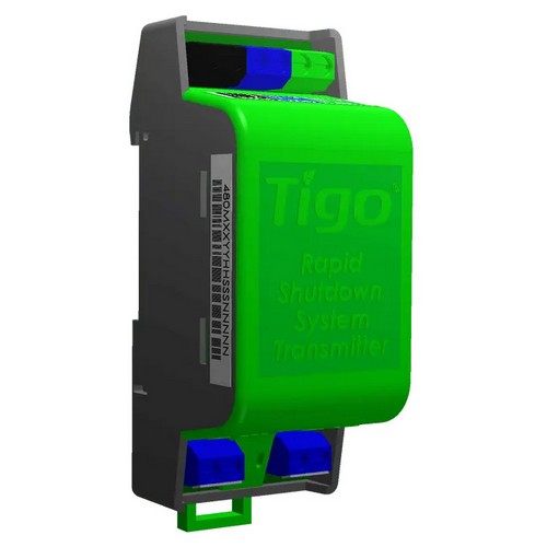 Tigo Rapid Shutdown System Transmitter in a bright green and dark gray industrial housing with blue terminal blocks, shown on a plain white background.