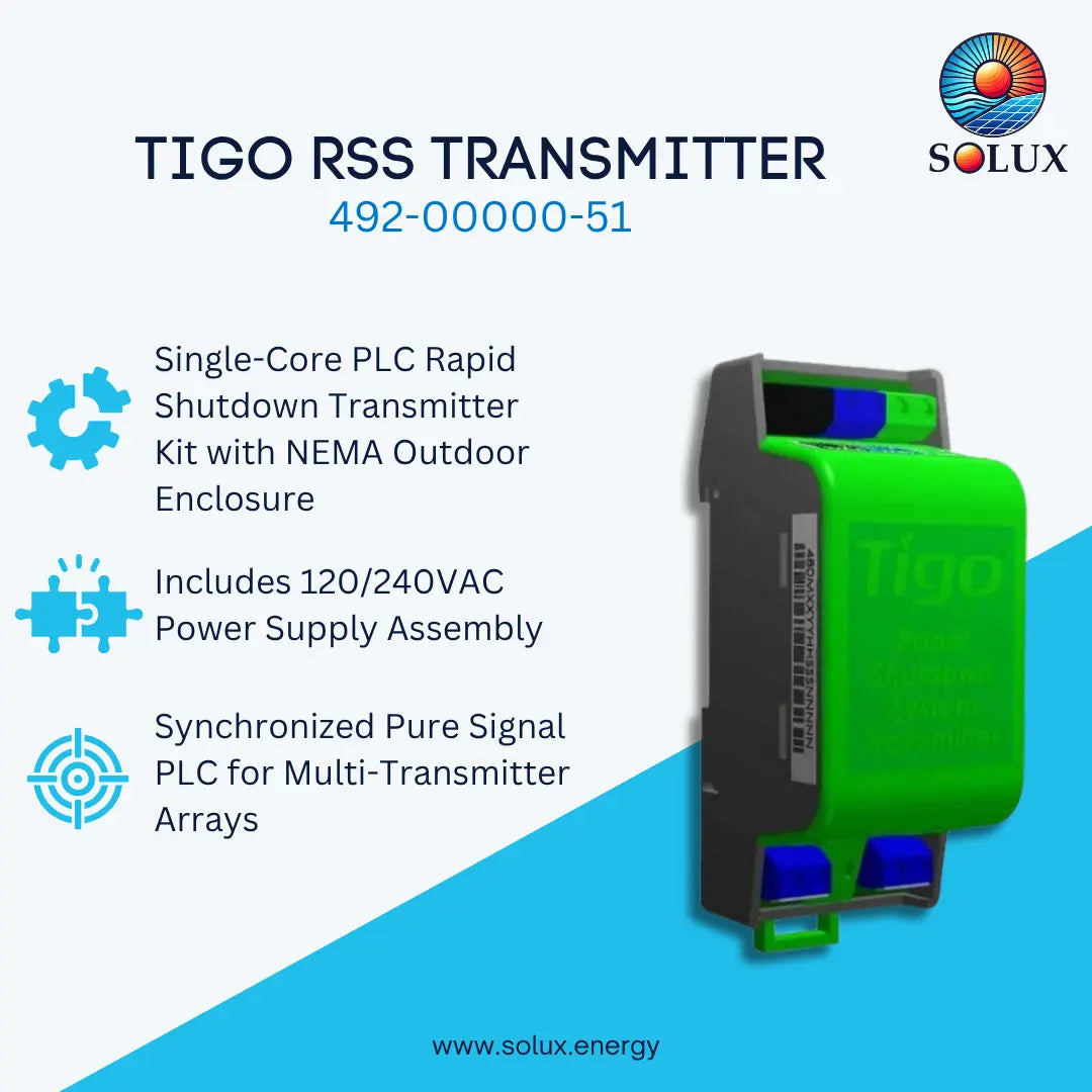 Promotional graphic for the TIGO RSS Transmitter by Solux Energy, showing the green and gray NEMA outdoor enclosure with blue terminal blocks on the right, alongside product features and the Solux logo on a white and blue background.