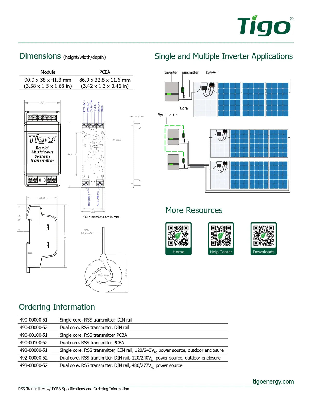 A technical specification and application diagram sheet for Tigo single and multiple inverters, showing dimensions, wiring diagrams, ordering information, QR codes, and product photos on a white background.