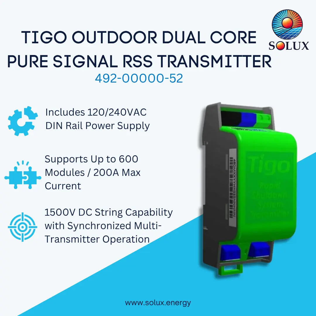 Promotional graphic for the Solux Tigo Outdoor Dual Core Pure Signal RSS Transmitter, showing a green and gray electronic module on a white and blue background with feature callouts.