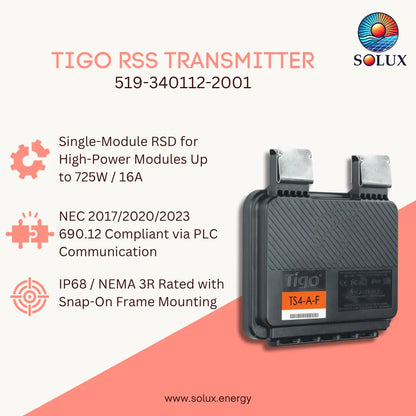 A promotional product graphic for a TIGO RSS Transmitter by Solux Energy. The image features a black rectangular electronic module with metal terminal posts on the top, shown on the right.