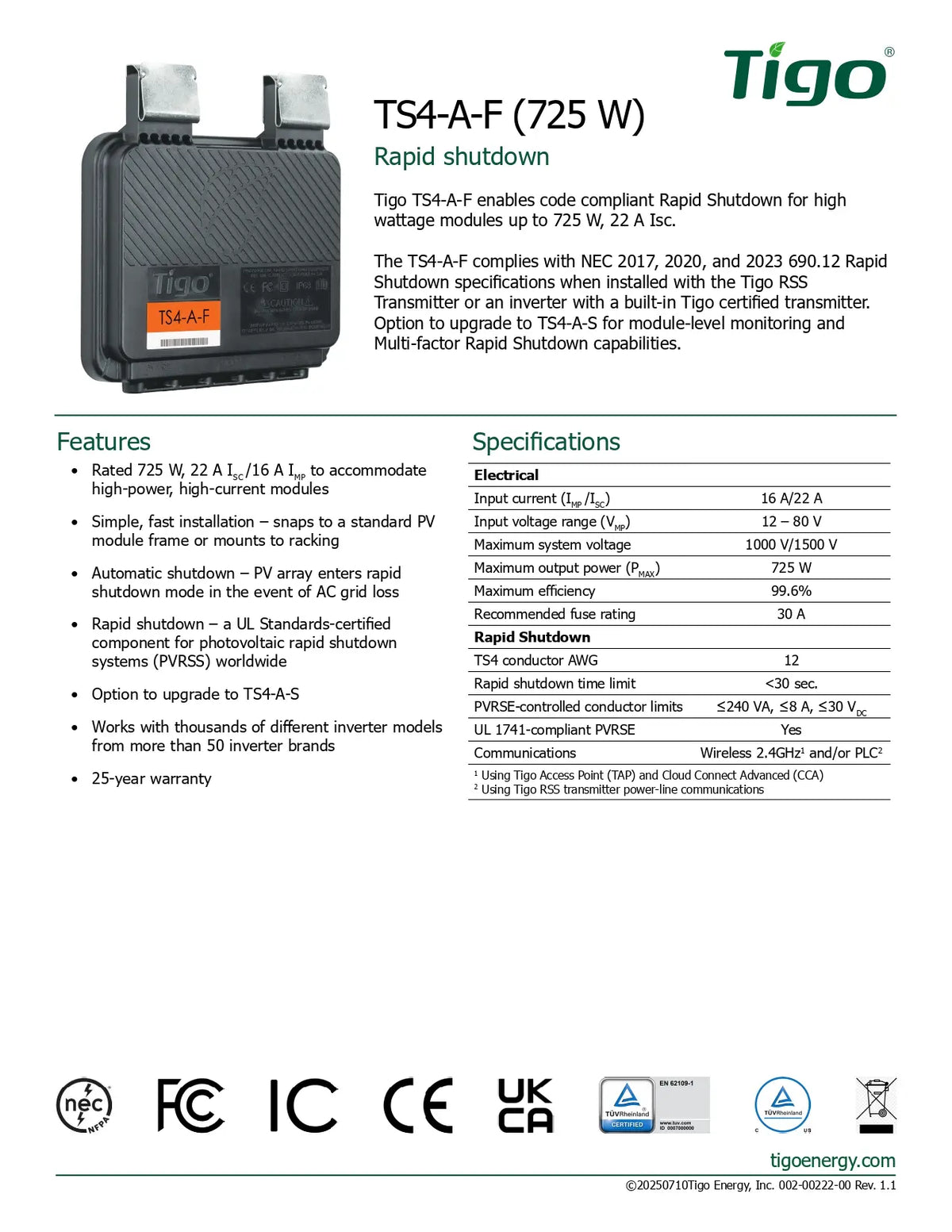 A product datasheet for the Tigo TS4-A-F (725) Rapid shutdown module, showing a small dark gray component on a white page with text describing features, specifications, and compliance marks.