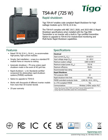 A product datasheet for the Tigo TS4-A-F (725) Rapid shutdown module, showing a small dark gray component on a white page with text describing features, specifications, and compliance marks.