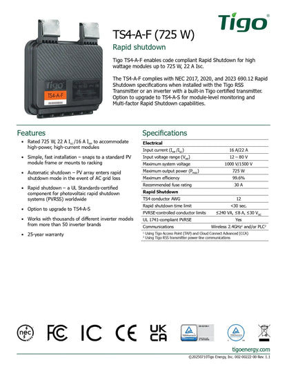 A product datasheet for the Tigo TS4-A-F (725) Rapid shutdown module, showing a small dark gray component on a white page with text describing features, specifications, and compliance marks.