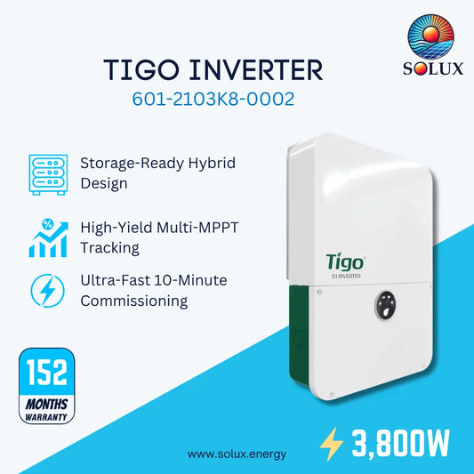 Solux Tigo Inverter 601-2103K8-0002, a 3,800W white and green hybrid inverter unit, displayed on a light blue and white background with product features and warranty badges.
