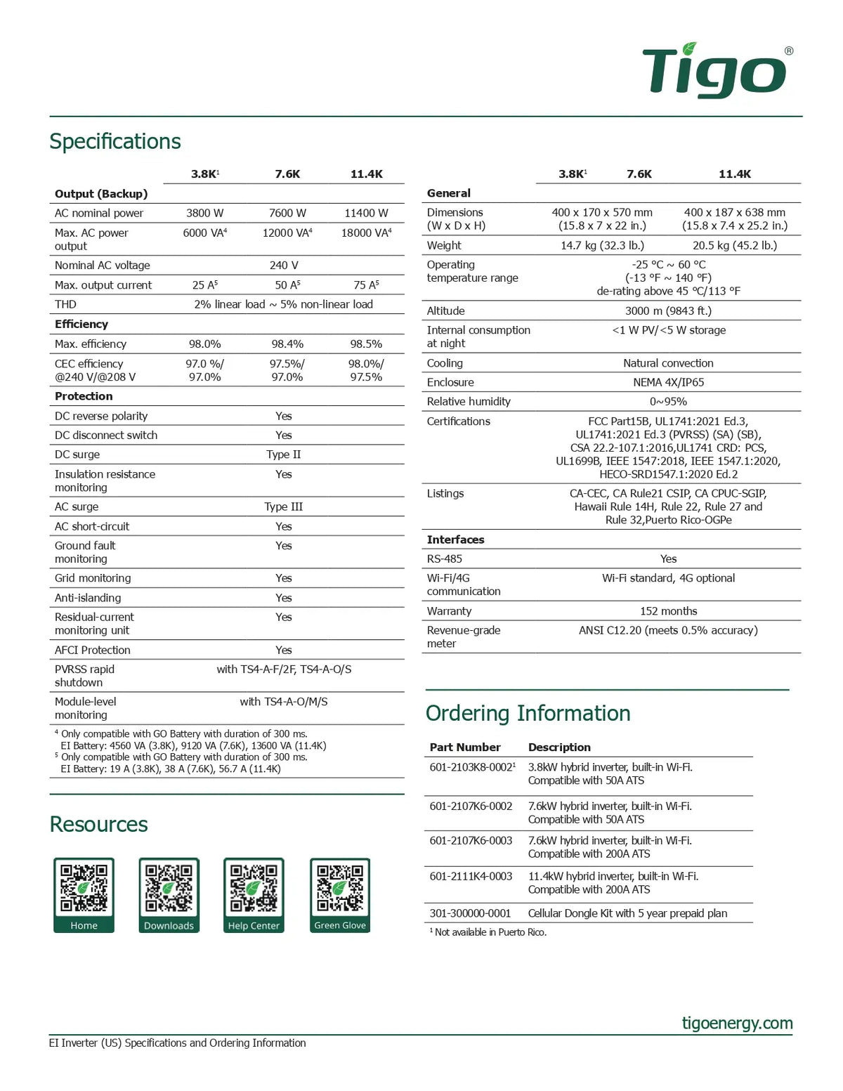 A technical specification and ordering sheet for a Tigo 3.8K 16x4 LED directional sign, showing detailed product features, dimensions, power ratings, and contact information in a clean, multi-column table format.