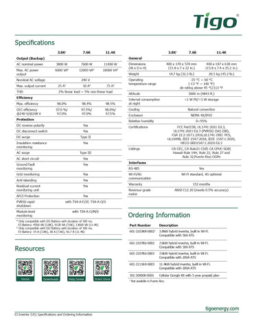 A technical specification and ordering sheet for a Tigo 3.8K 16x4 LED directional sign, showing detailed product features, dimensions, power ratings, and contact information in a clean, multi-column table format.