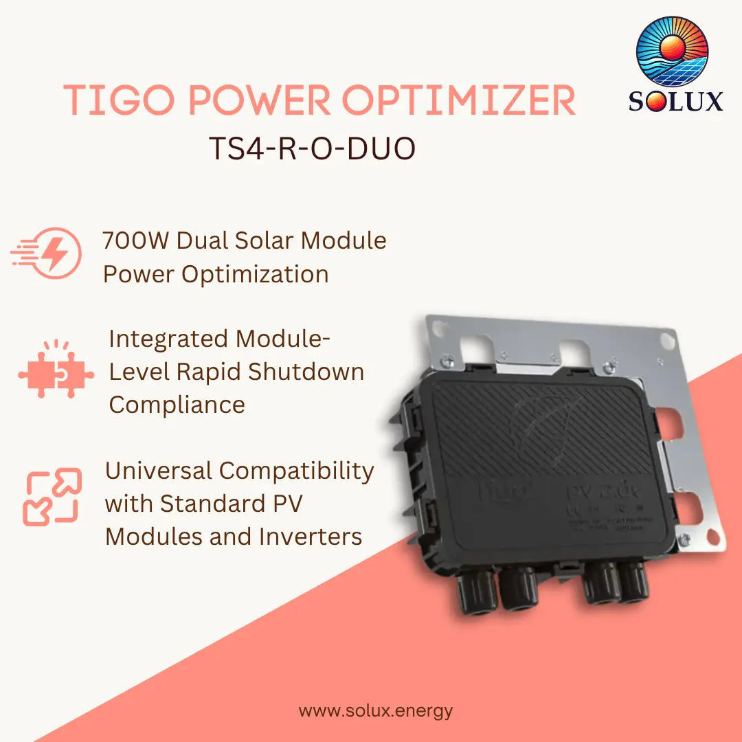 SOLUX Tigo Power Optimizer TS4-R-O-Duo product graphic on a white and coral background, showing the black and silver power optimizer unit with feature callouts and the SOLUX logo.